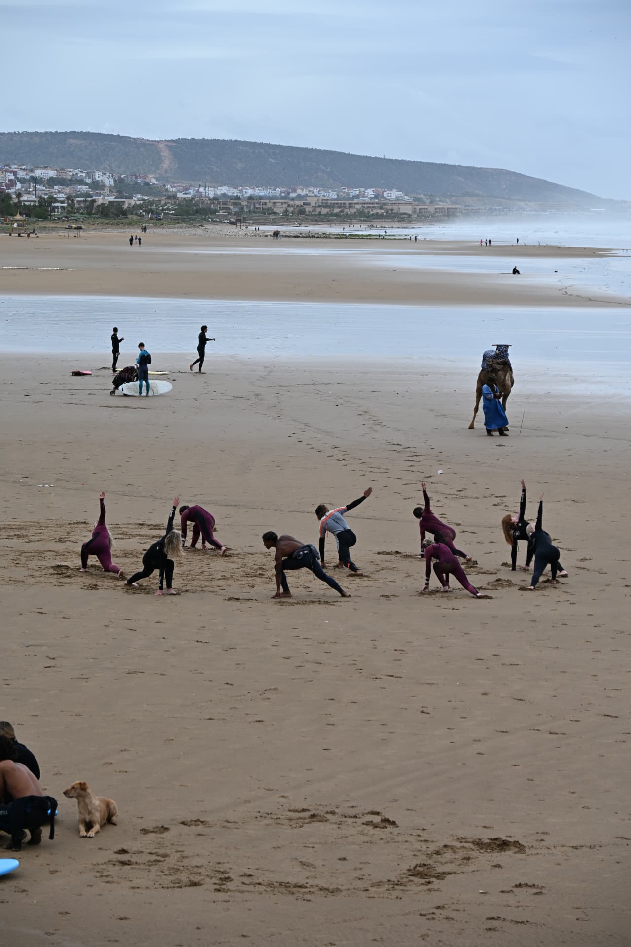 Groep doet warming-up op het strand